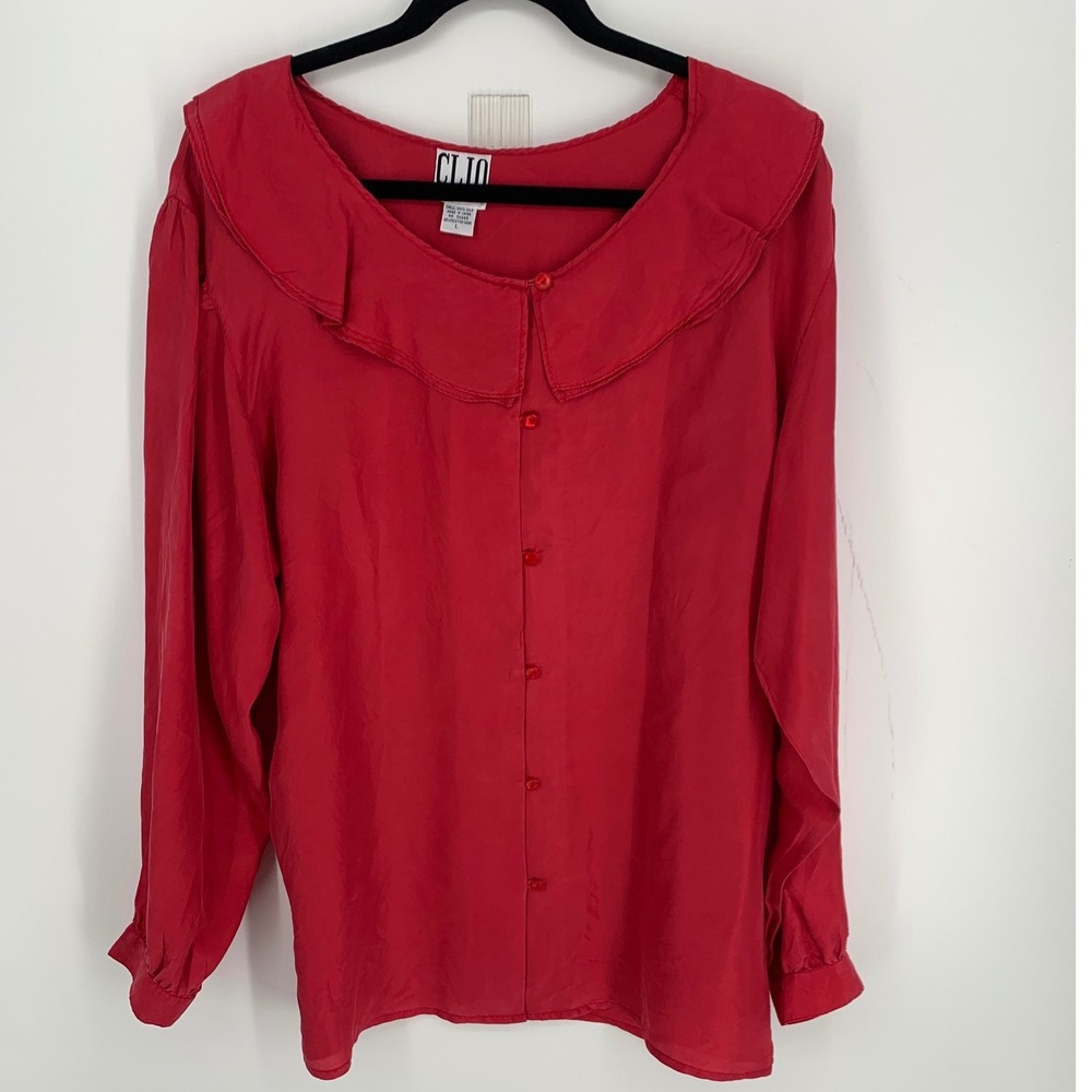 Clio Red 100% Silk Peter Pan Collar Button Front Blouse Long Sleeve Size L